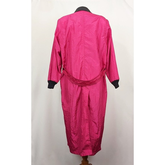 Vintage 80s Trench Jacket Hot Pink Black Shoulder Pads Nylon Misses Size 10 - Picture 6 of 9